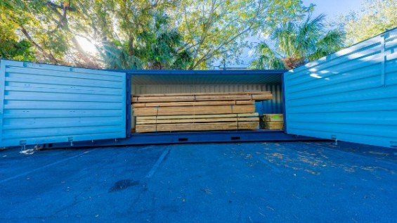 close view of blue open side shipping container